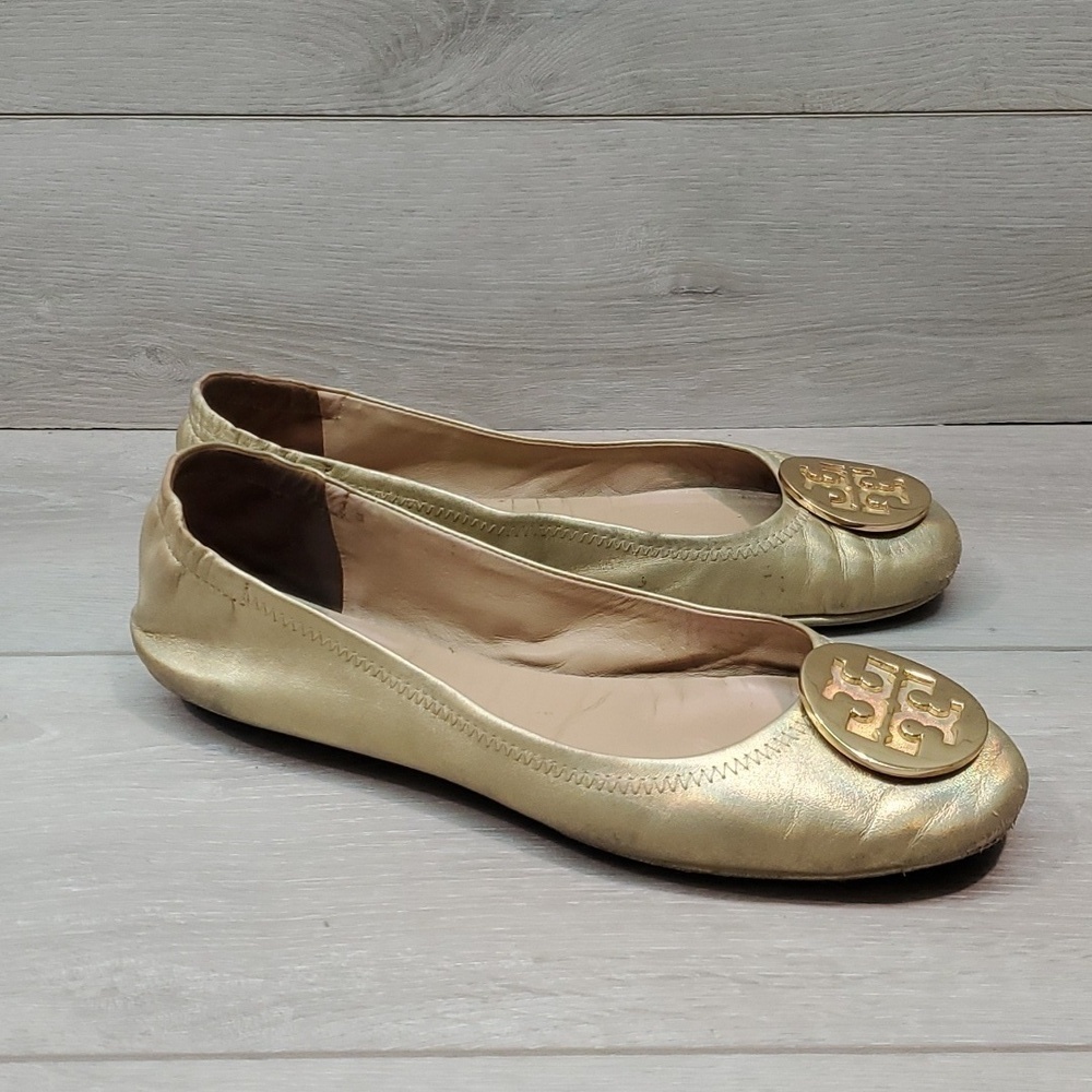 Tory Burch Women Logo Metallic MinnieLeather Gold Loafer Flat Ballet shoes sz 9M